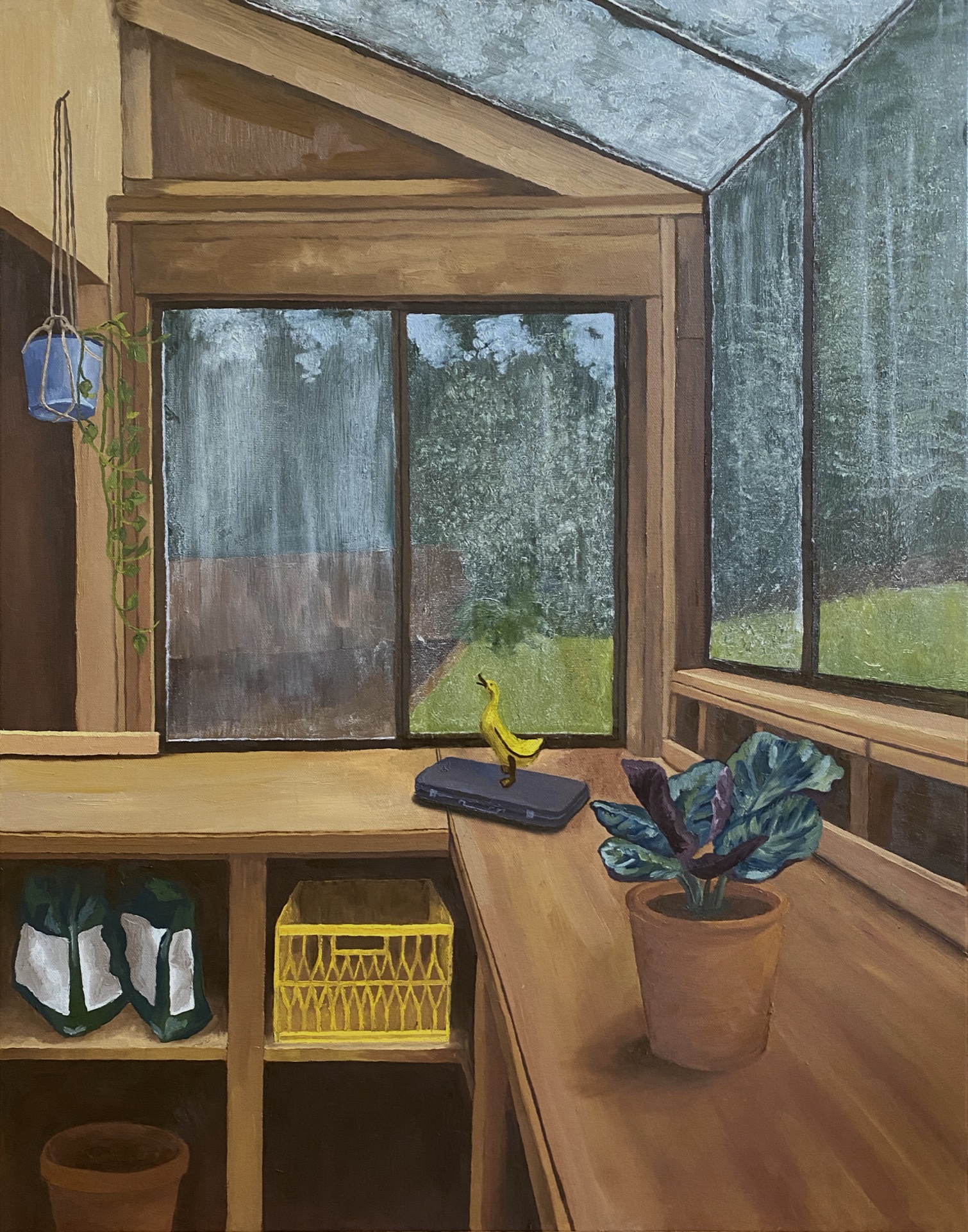 Painting of a greenhouse interior with windows, plants, and a small yellow duck
