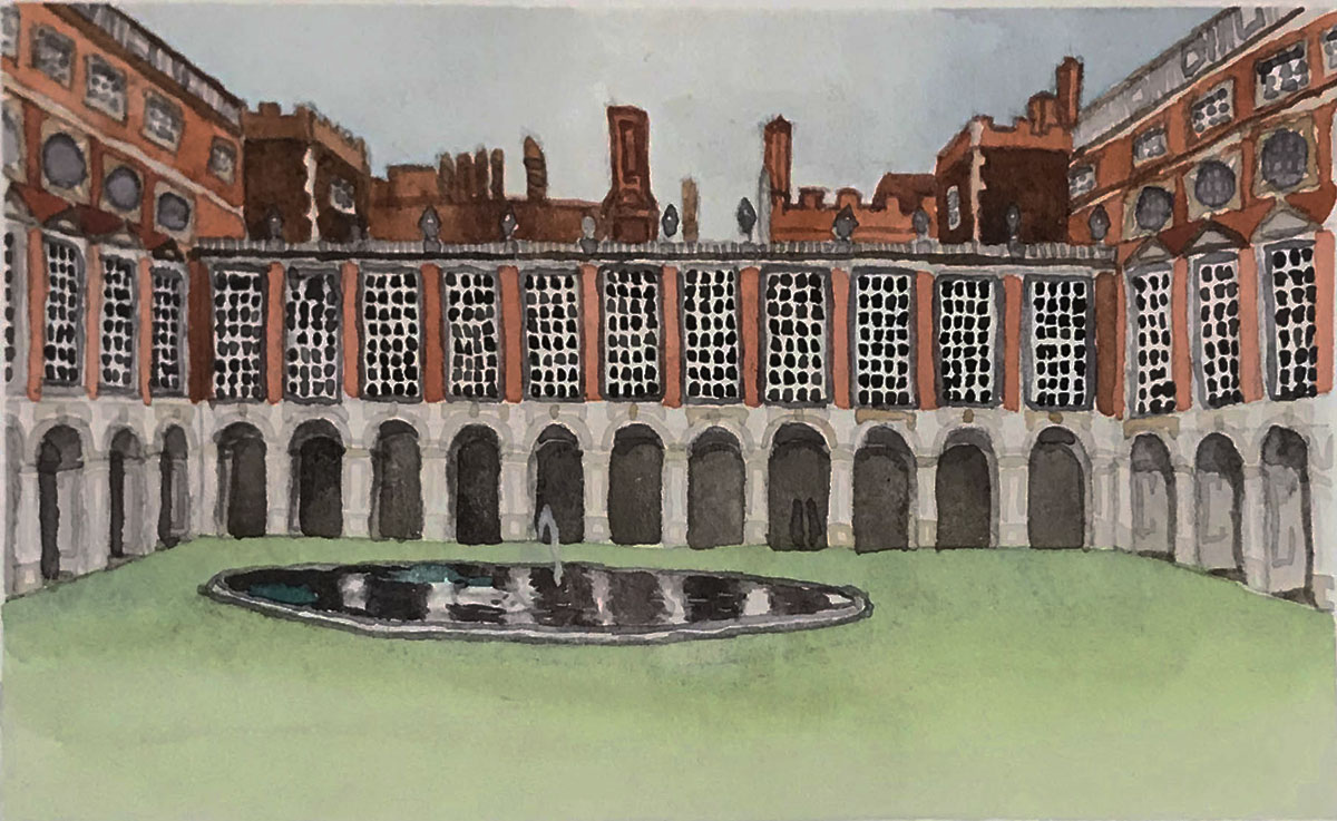 Watercolor view of Hampton Court gardens