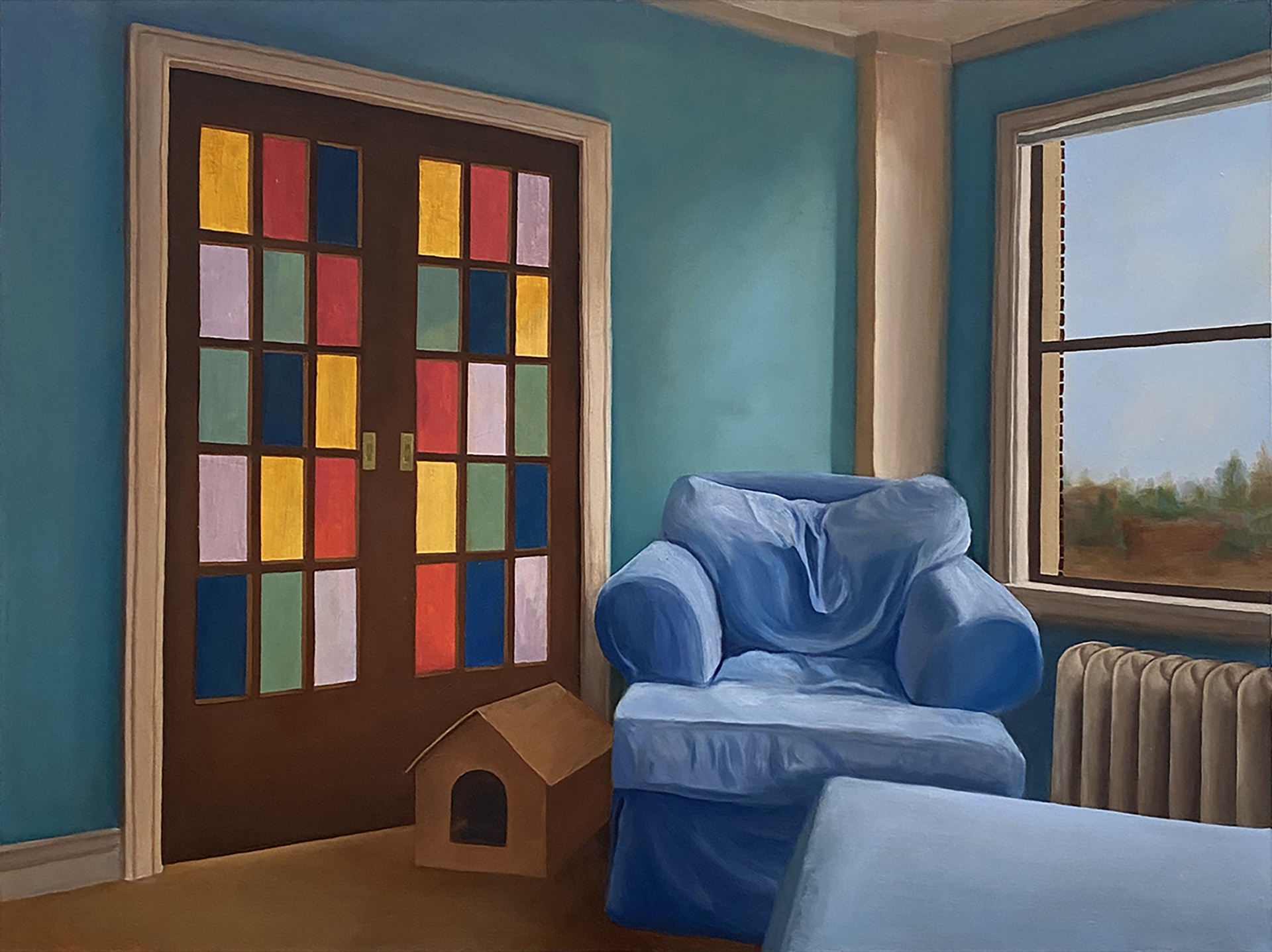 Painting of a warmly lit living room